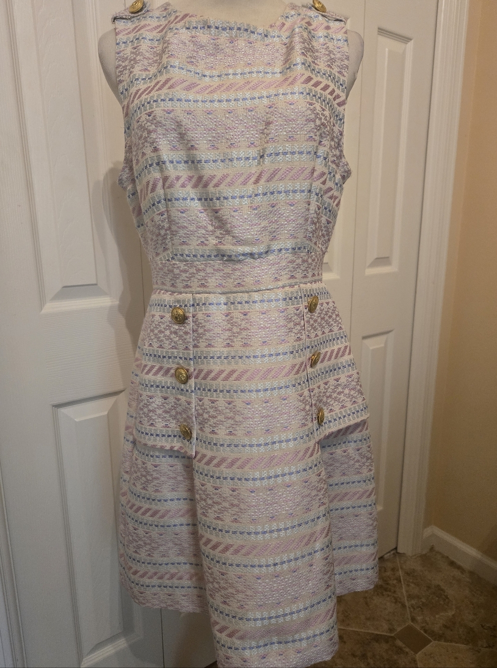 NWT Laundry Pastel Striped Sleeveless A-Line Dress with Gold Buttons Sz 8